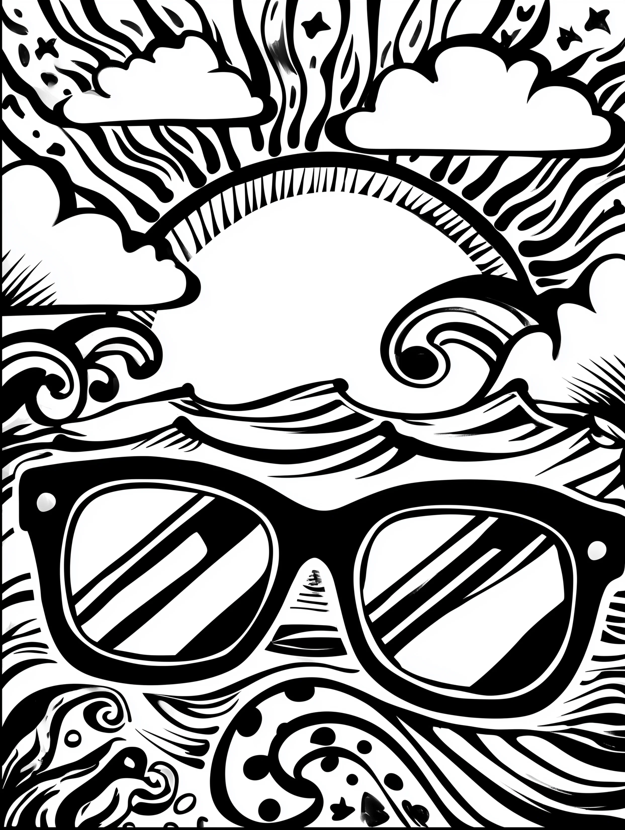 Free printable summer coloring page for adults featuring abstract waves with sunglasses and sun